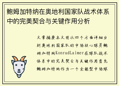鲍姆加特纳在奥地利国家队战术体系中的完美契合与关键作用分析