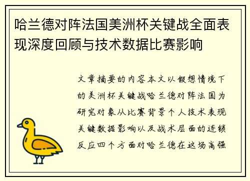 哈兰德对阵法国美洲杯关键战全面表现深度回顾与技术数据比赛影响
