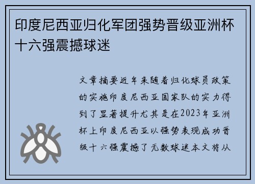 印度尼西亚归化军团强势晋级亚洲杯十六强震撼球迷